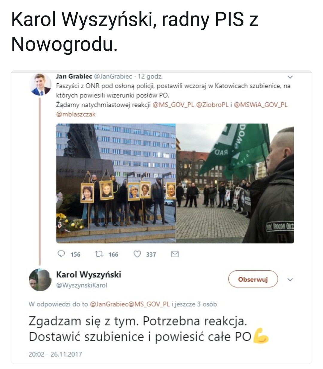 PO zawiadomiła prokuraturę o twitterowym wpisie radnego z Nowogrodu