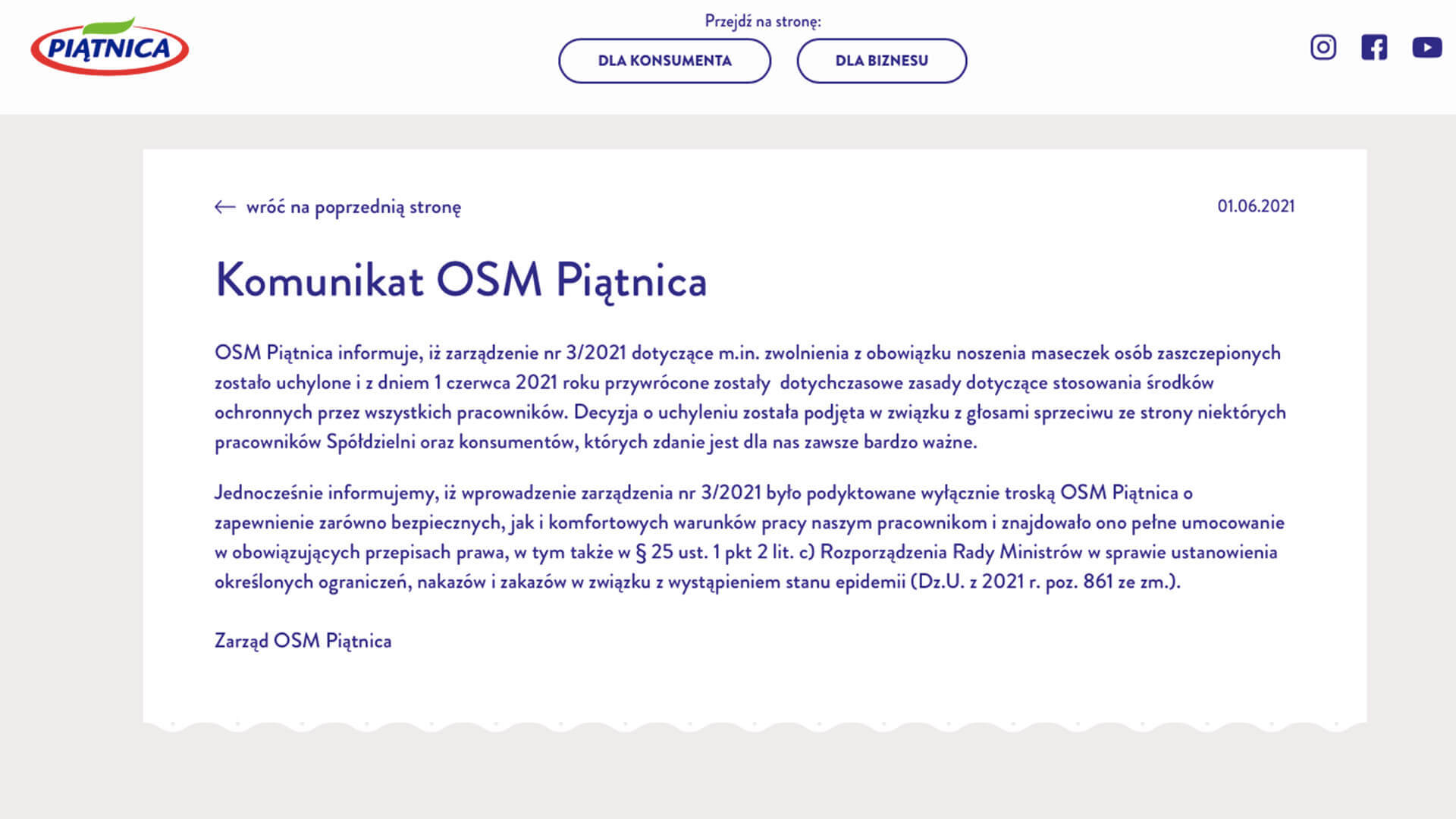 Spółdzielnia mleczarska z Piątnicy chciała zwolnić z obowiązku noszenia maseczek osoby zaszczepione